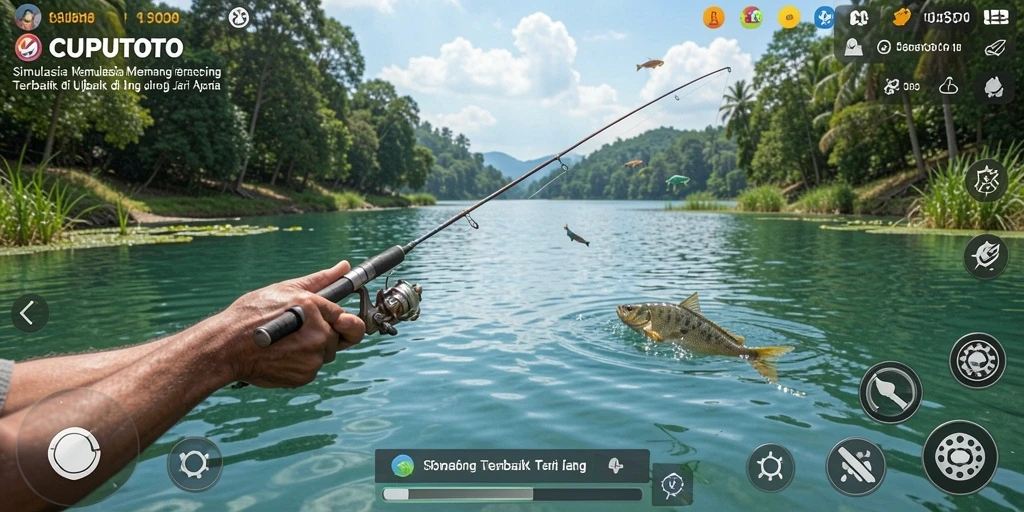 Screenshot utama CUPUTOTO menampilkan pemain yang sedang melakukan teknik memancing di danau yang indah.