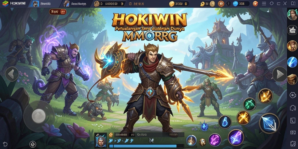 Screenshot HOKIWIN menunjukkan karakter beraksi dalam pertempuran epik MMORPG.